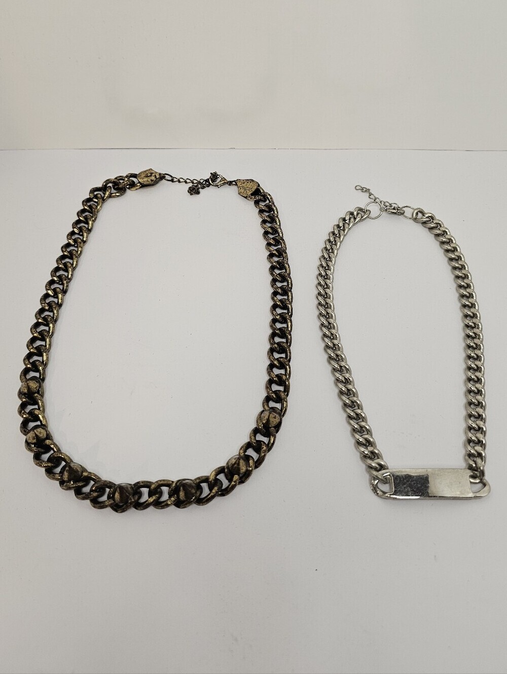 Set of 2 Chunky Curb Chain Necklaces Silver ID Bar & Bronze Punk Spike
